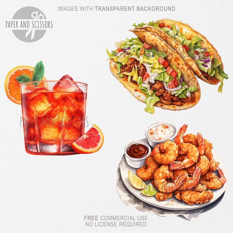 May include: A watercolour illustration of three different food items: a glass of red liquid with ice cubes, a pair of tacos filled with meat, lettuce, and tomato, and a plate of fried shrimp with dipping sauces.