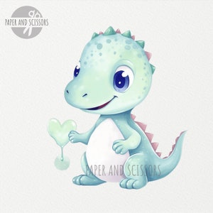 May include: A light blue cartoon dinosaur holding a green heart in its hand. The dinosaur has a white belly and pink spikes on its back. The dinosaur is smiling and has blue eyes.