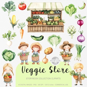 40 cliparts végétariens mignons, livre d'histoires pour enfants aquarelle, shopping pépinière, magasin, nourriture, boisson, invitation à une fête d'anniversaire et décoration, téléchargement immédiat