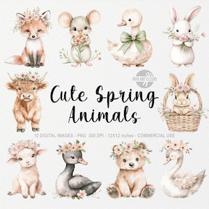 10 lindos animales de primavera, imágenes prediseñadas de bosques, guardería de Pascua, baby cottagecore, álbumes de recortes, decoración de coqueta, manualidades de abril, flores, lazos, patos