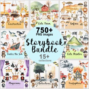 Más de 750 imágenes prediseñadas de StoryBoook, paquete de guardería PNG, decoración de acuarela para niño y niña, tarjeta de invitación para fiesta de cumpleaños, álbum de recortes, pequeños trabajos, fiesta infantil