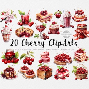 20 Kirsch ClipArts, Aquarell Kirsche Illustration PNG, Sommer Bundle, Essen ClipArt, Obst ClipArt, Torte, Eisbecher, Eiscreme, Marmelade, Blüten