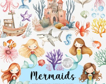 35 süße Meerjungfrauen ClipArts, unter dem Meer PNG, Marine Nautik, Aquarell Ozean, Kinderzimmer Illustration, Jungenzimmer, süße Illustration Küste