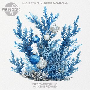 May include: Watercolour illustration of a blue and white Christmas tree with baubles. The tree is made of blue and white branches and has silver and blue baubles hanging from it. The tree is on a white background.