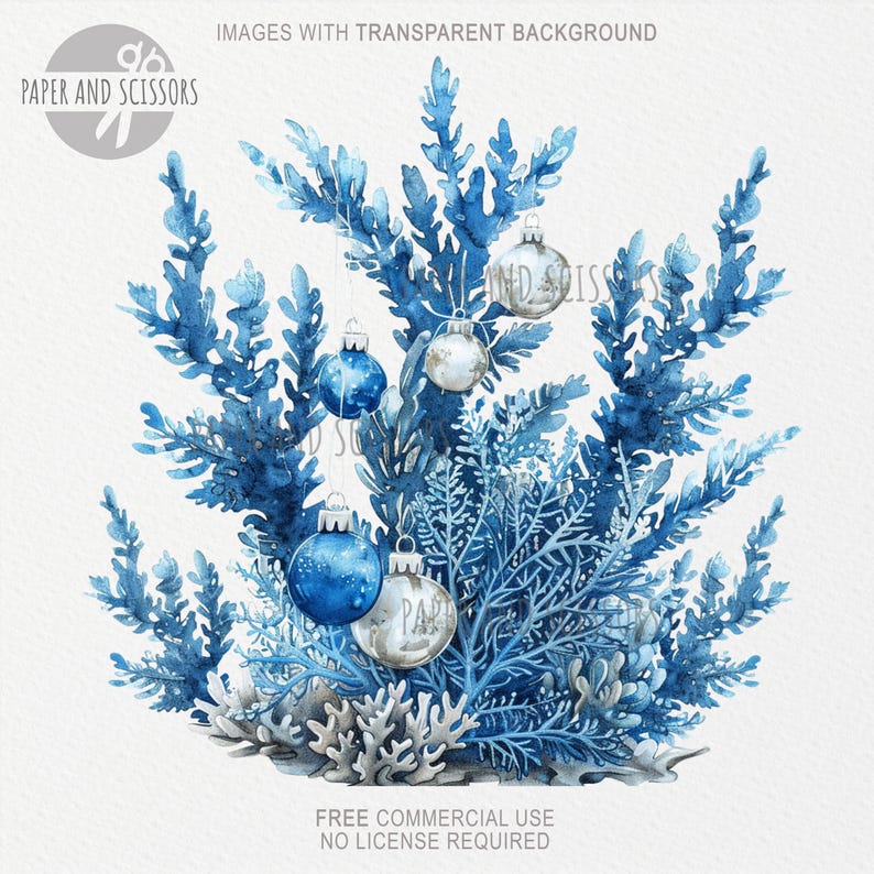 May include: Watercolour illustration of a blue and white Christmas tree with baubles. The tree is made of blue and white branches and has silver and blue baubles hanging from it. The tree is on a white background.