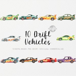 10 Drift Car Cliparts, Pojazd PNG, Słodka Akwarela, Mały Kierowca Wyścigowy, Prędkość, Transport Samochodowy, Baby Shower, Sublimacja, Wystrój Pokoju Dziecięcego, Chłopiec