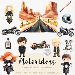 Pode incluir: Ilustração em aquarela com motocicletas, personagens de desenhos animados, um taco de beisebol e um capacete. A imagem inclui uma paisagem desértica com uma estrada. O texto diz "Motoriders" e "Storybook Collection Cliparts".