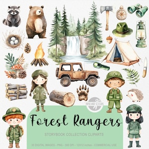May include: Watercolor illustrations of forest-themed elements, including a bear, raccoon, campfire, tent, and ranger characters. The text "Forest Rangers" is displayed prominently, with additional text indicating the collection is a storybook clipart set.