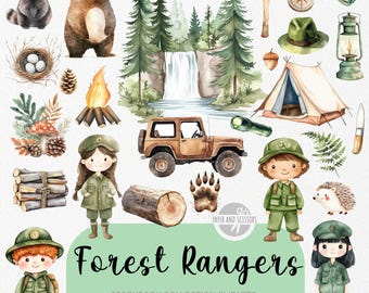 35 Cute Forest Ranger ClipArts, Watercolor PNG, Nursery Baby Camp, Camping Decor, Scrapbooking, Birthday Invite, Woods Explorer, Wild Nature