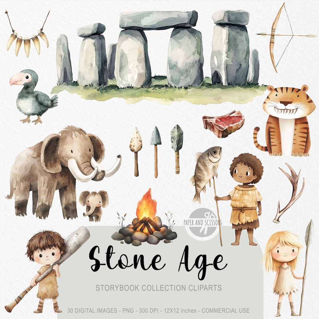 30 Cute Stone Age Clipart, Watercolor Storybook, Prehistoric Nursery ...