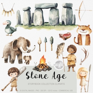 30 ClipArts fofos da Idade da Pedra, Livro de Histórias em Aquarela, Berçário Pré-histórico, Convite e Decoração para Festa de Aniversário, Licença Comercial para Download Instantâneo