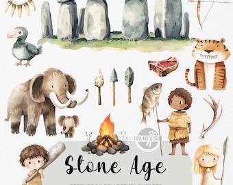 30 Cute Stone Age ClipArt, Watercolor Storybook, Prehistoric Nursery, Birthday Party Invite & Decor, Instant Download Commercial License
