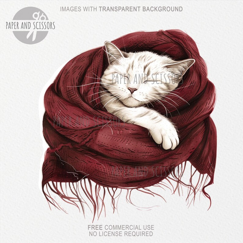 May include: A digital illustration of a white and gray cat wrapped in a deep red scarf. The cat is curled up, with its eyes closed. The scarf has a fringed edge. Text on the image reads "IMAGES WITH TRANSPARENT BACKGROUND", "PAPER AND SCISSORS", and "FREE COMMERCIAL USE NO LICENSE REQUIRED".