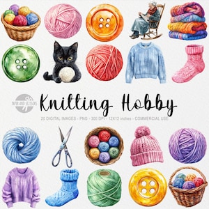 Stricken Clipart, Clipart häkeln, Pastellfarben Aquarell, Garnknäuel PNG, gemütlich Hobby Clipart, Wolle, gemütliche Weihnachten Winter