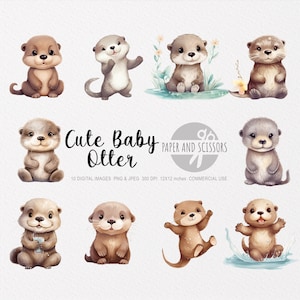 Niedliche Baby Otter Clipart, Baby Otter PNG, Otter Illustration, Kinder Kunst, Kinder Wandkunst, Kinderzimmer Dekor, Baby Shower Clipart, Waldotter