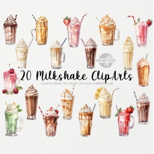 20 Milchshake ClipArt, Milchshake PNG, Aquarell Milchshake Illustration, Erdbeere, Schokolade, Vanille, Banane Milchshake, Getränke PNG, Essen