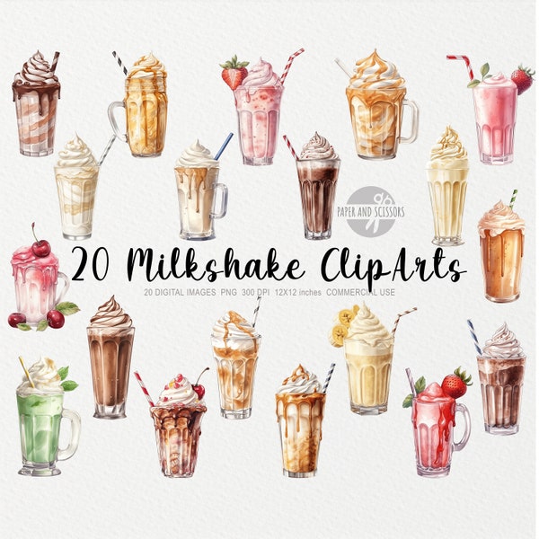 20 Milkshake ClipArt, Milkshake PNG, Watercolor Milkshake illustration, Strawberry, Chocolate, Vanilla, Banana Milkshake, Drinks PNG, Food