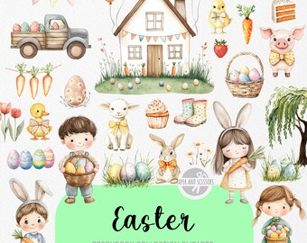 35 niedliche Ostern ClipArt, Aquarell Bilder, Frühlingsgarten Kinderzimmer, kleiner Bauer, Baby Bauernhof Geburtstagsparty einladen & Dekor sofort herunterladen