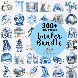 300+ winter png-clipart, gezellige besneeuwde sticker, aquarel sneeuw, blauw, kerstdorp, kerstmis, gezelligheid december, scrapbooking, cottagecore