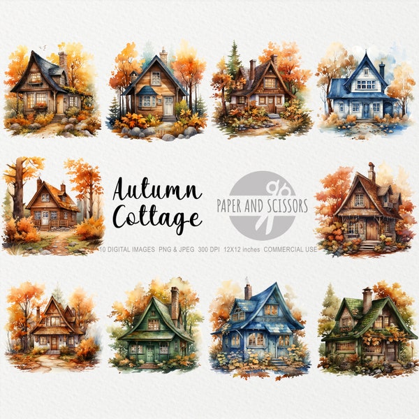 Watercolor Autumn Cottage Clipart, Fall Cottage PNG, Autumn and Fall illustrations, Thanksgiving PNG, Pumpkin PNG, Halloween ClipArt, Leaf