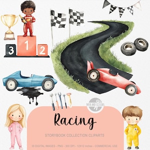 35 racebaan ClipArts, kinderdagverblijf PNG, kinderauto's, aquarelrace, schattig ambacht, direct downloaden, vintage voertuig, commerciële licentie