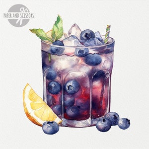May include: A watercolor painting of a glass filled with a blueberry and lemon drink. The glass is filled with blueberries, ice cubes, and a lemon wedge. There is a straw sticking out of the top of the glass. The drink is a purple color. There are blueberries scattered around the glass.
