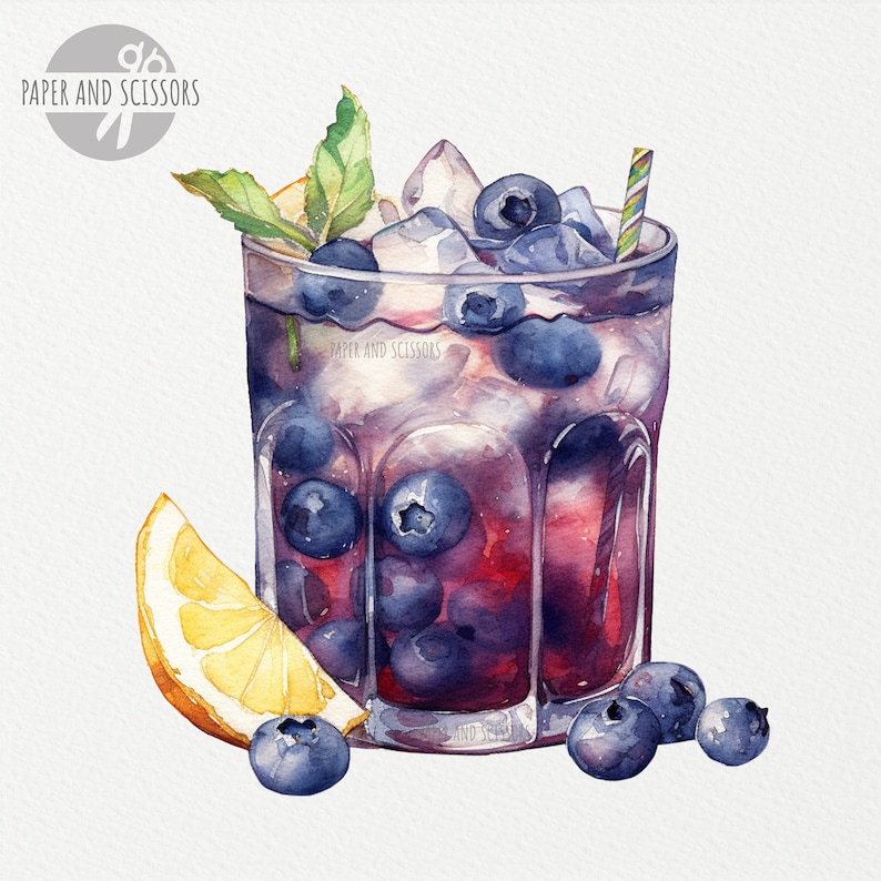 May include: A watercolor painting of a glass filled with a blueberry and lemon drink. The glass is filled with blueberries, ice cubes, and a lemon wedge. There is a straw sticking out of the top of the glass. The drink is a purple color. There are blueberries scattered around the glass.