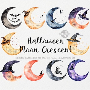 10 Halloween Moon ClipArt, Crescent PNG, Spooky Decor, Celestial, Creepy Night,Watercolor Illustration,Commercial License,Instant Download