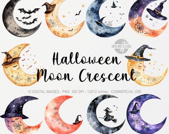 10 Halloween Moon ClipArt, Crescent PNG, Spooky Decor, Celestial, Creepy Night,Watercolor Illustration,Commercial License,Instant Download
