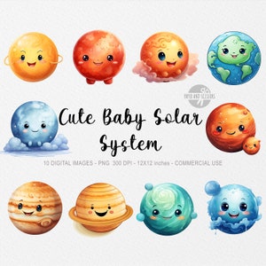 10 lindos imágenes prediseñadas del sistema solar para bebés, planetas Kawaii, lindos planetas para bebés, PNG para niños, imágenes prediseñadas de libros para niños, libros para niños, diseño de guardería para niños