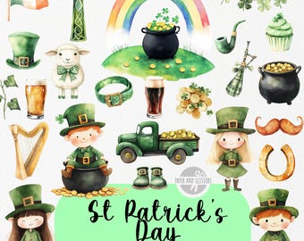 50 St Patrick niedliches ClipArt, Aquarell, irisches Kinderzimmer, Lucky, Geburtstagsparty einladen & Dekor, sofortiger Download, kommerzielle Lizenz