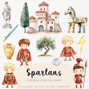 25 Little Spartans ClipArts, Niedlicher Krieger PNG, Aquarell Märchenbuch, Geburtstagsfeier einladen, Kinderzimmer, Sofort Download, Kommerzielle Lizenz