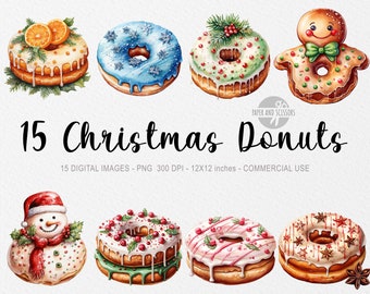 15 Christmas Donuts ClipArt, Watercolor Christmas Donuts PNG, Christmas Sweets, Christmas Desserts, Food Clipart, Candy, Chocolate, Cake