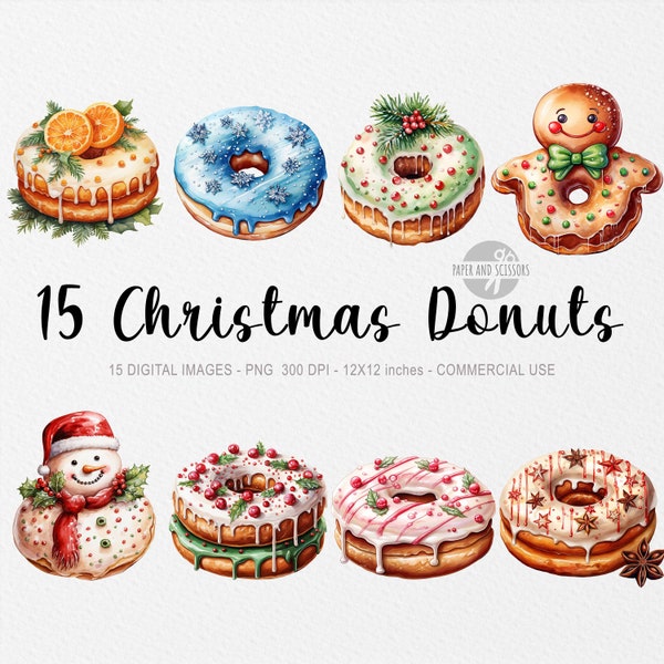 15 Christmas Donuts ClipArt, Watercolor Christmas Donuts PNG, Christmas Sweets, Christmas Desserts, Food Clipart, Candy, Chocolate, Cake