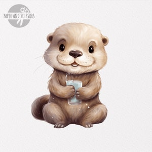 May include: A cute cartoon otter holding a glass of water. The otter is brown and has a white belly. The otter is sitting on a white background.