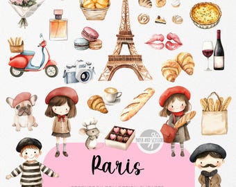 35 Süße Paris ClipArts, Aquarell Storybook PNG, Französische Aufkleber, Süßes Frankreich, Kinderzimmer, Babyparty, kommerzielle Lizenz, einfach herunterzuladen