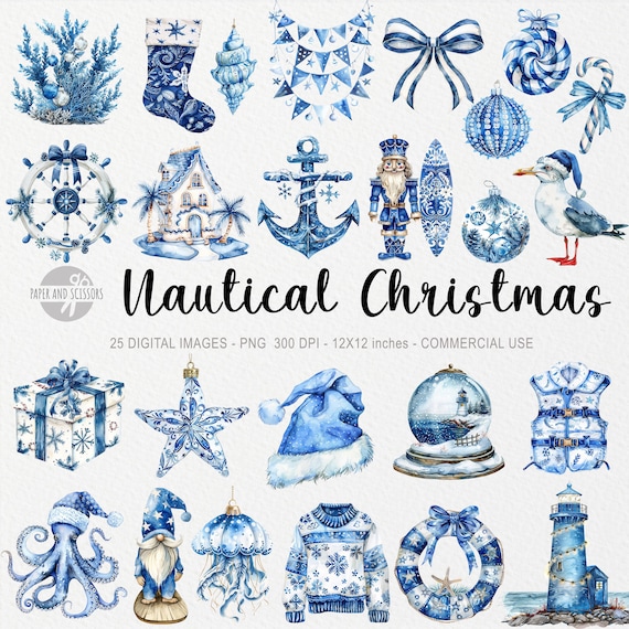 25 Nautical Christmas ClipArts, Coastal Watercolor Xmas PNG, Watercolor Ocean, Sea, Beach Holiday, Beachy Decor, Seaside Design, Exotic July