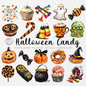 May include: A collection of watercolor Halloween-themed candy and treats. The image includes a skeleton, cupcakes, candy corn, a ghost cookie, a pumpkin, a witch's hat, and a candy-filled cauldron. The text "Halloween Candy" is displayed.