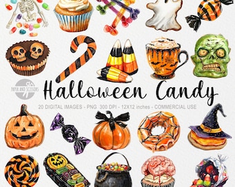 20 images clipart de bonbons d'Halloween, sucreries PNG, desserts effrayants, farces ou friandises, biscuits aquarelle, fête d'octobre, nourriture, friandises, cupcakes, beignets, art