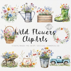 10 cliparts fleurs sauvages, prairie PNG, paquet de Pâques, printemps aquarelle, fête des mères, imprimé floral, art de jardinage, lapin de Pâques, oeufs