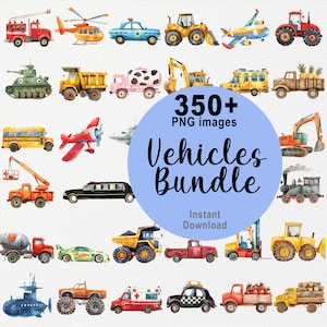 Pacote com mais de 350 decorações para berçário de veículos, download instantâneo, arte de parede para chá de bebê, adesivos, aniversário, avião, construção, caminhão de fazenda, caminhão de bombeiros
