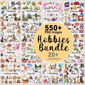550+ Hobbys PNG Bilder, Aquarell Hobby ClipArt Bundle, Kochen, Lesen, Sport, Haustiere, Kasino, Gartenarbeit, Backen, Reise, Camping, Keramik