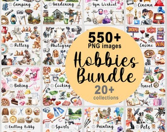 550+ Hobbys PNG Bilder, Aquarell Hobby ClipArt Bundle, Kochen, Lesen, Sport, Haustiere, Kasino, Gartenarbeit, Backen, Reise, Camping, Keramik