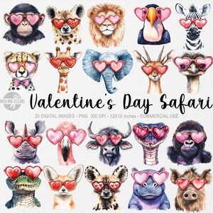 20 ラブ サファリ動物クリップアート、かわいいバレンタインデー PNG、バレンタイン カード、水彩印刷可能、昇華ステッカー、赤ちゃん動物、ロマンチック