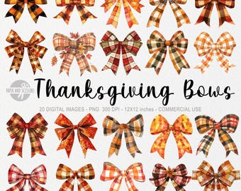 20 Thanksgiving Bow ClipArts, Autumn Bow PNG, Sublimation T-Shirt Design, Fall Decor PNG, Watercolor Design, Gift, Present, DIY, Glitter