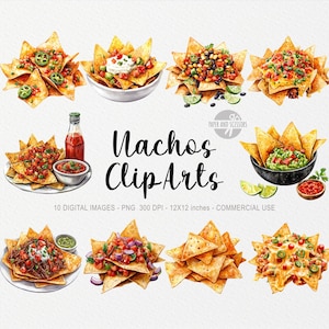 Puede incluir: Un conjunto de 10 ilustraciones digitales de acuarela de nachos con varios ingredientes, incluyendo queso, salsa, guacamole y crema agria. Las ilustraciones son perfectas para usar en scrapbooking digital, creación de tarjetas y otros proyectos creativos.