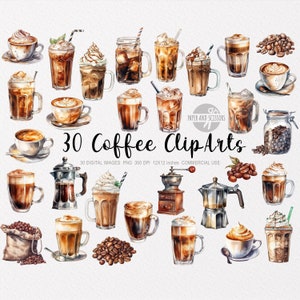 30 Coffee ClipArt, Café PNG, Ilustração de café em aquarela, Espresso PNG, Cappuccino, Café gelado, Food ClipArt, Coffee Bar, Café