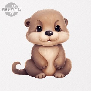 May include: A cute cartoon otter with brown fur, big eyes, and a small pink nose. The otter is sitting with its paws crossed and has a happy expression.