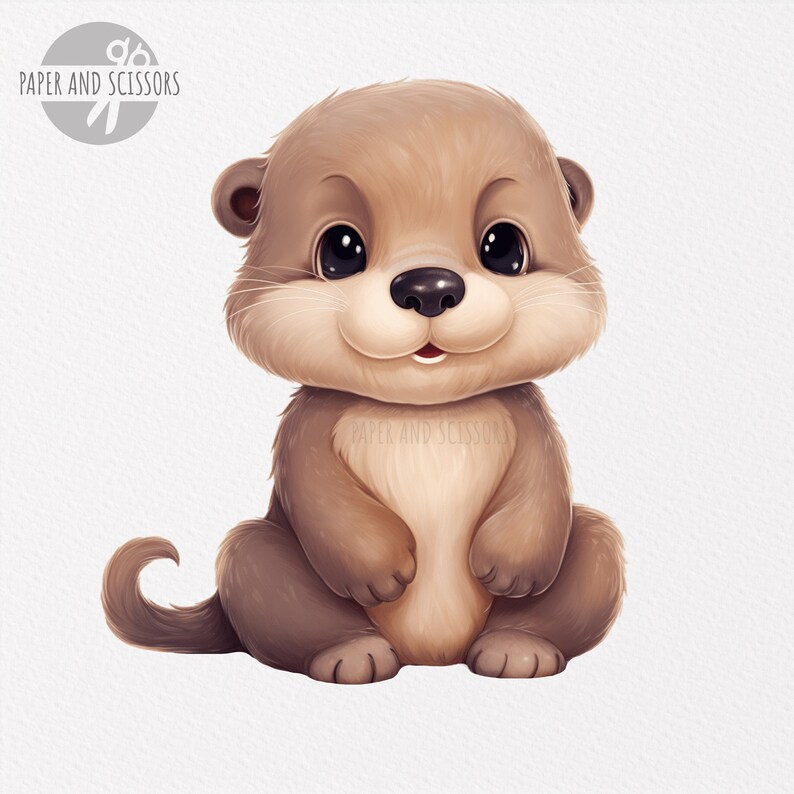 May include: A cute cartoon otter with brown fur, big eyes, and a small pink nose. The otter is sitting with its paws crossed and has a happy expression.