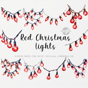 10 Rote Weihnachtslichter ClipArts, Weihnachtsgirlande PNG, Kugeln, Ornamente, Urlaub Dekoration, Weihnachtsmagie Design, Wohnkultur, Easy Print